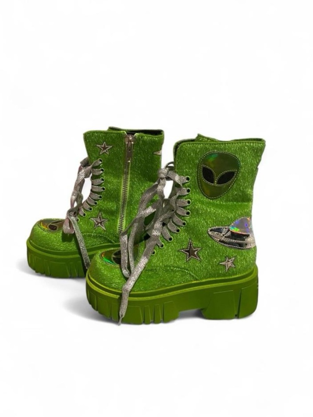 Green Alien Patch Platform Combat Boots - Picture 4 of 5